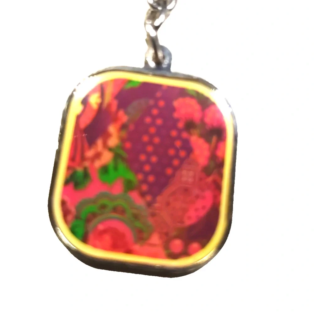 Art Keychain Silver Tone Red Insert